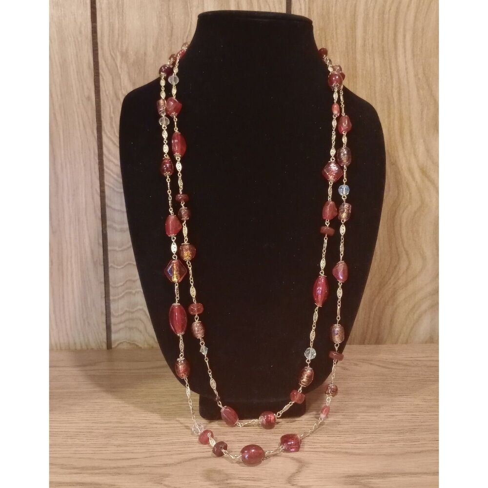 Vtg. 2 Strand Filigree Link Red Orange Murano Style Glass Gold Tone 32" Necklace